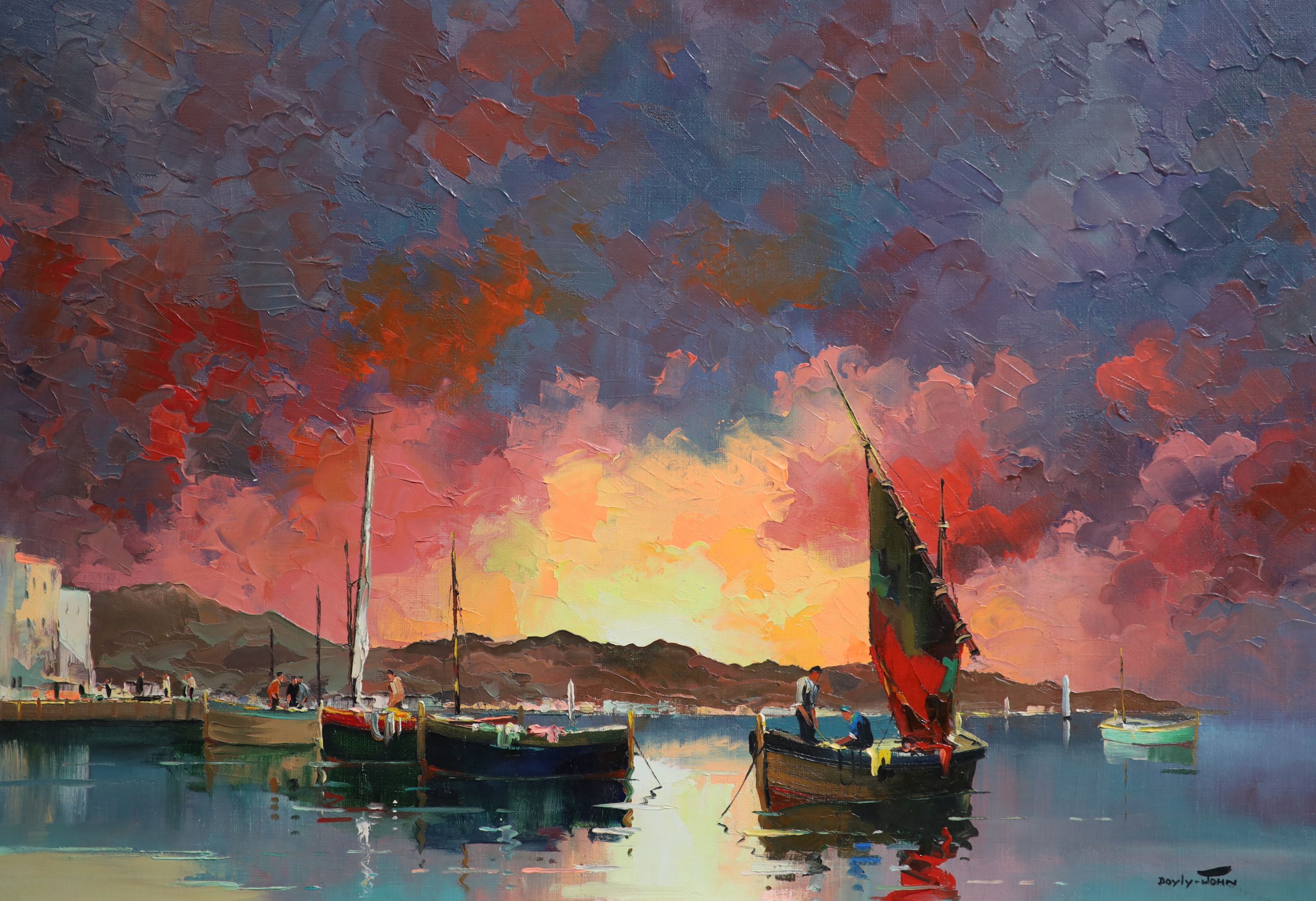 Cecil Rochfort D'Oyly John (1906-1993), Fishing boats in harbour at sunset, oil on canvas, 44.5 x 65cm